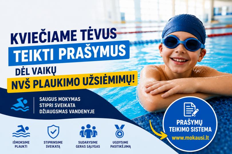 Kviečiame tėvus teikti prašymus į NVŠ plaukimo užsiėmimus 